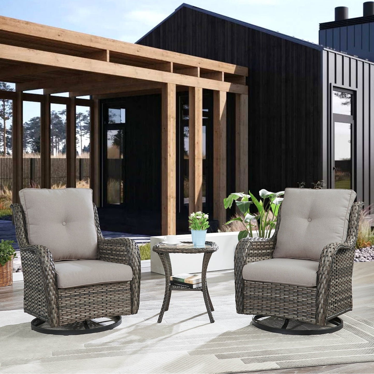 Gymojoy Fauteuil à bascule pivotant d'extérieur en résine tressée 3 pièces avec coussin et table