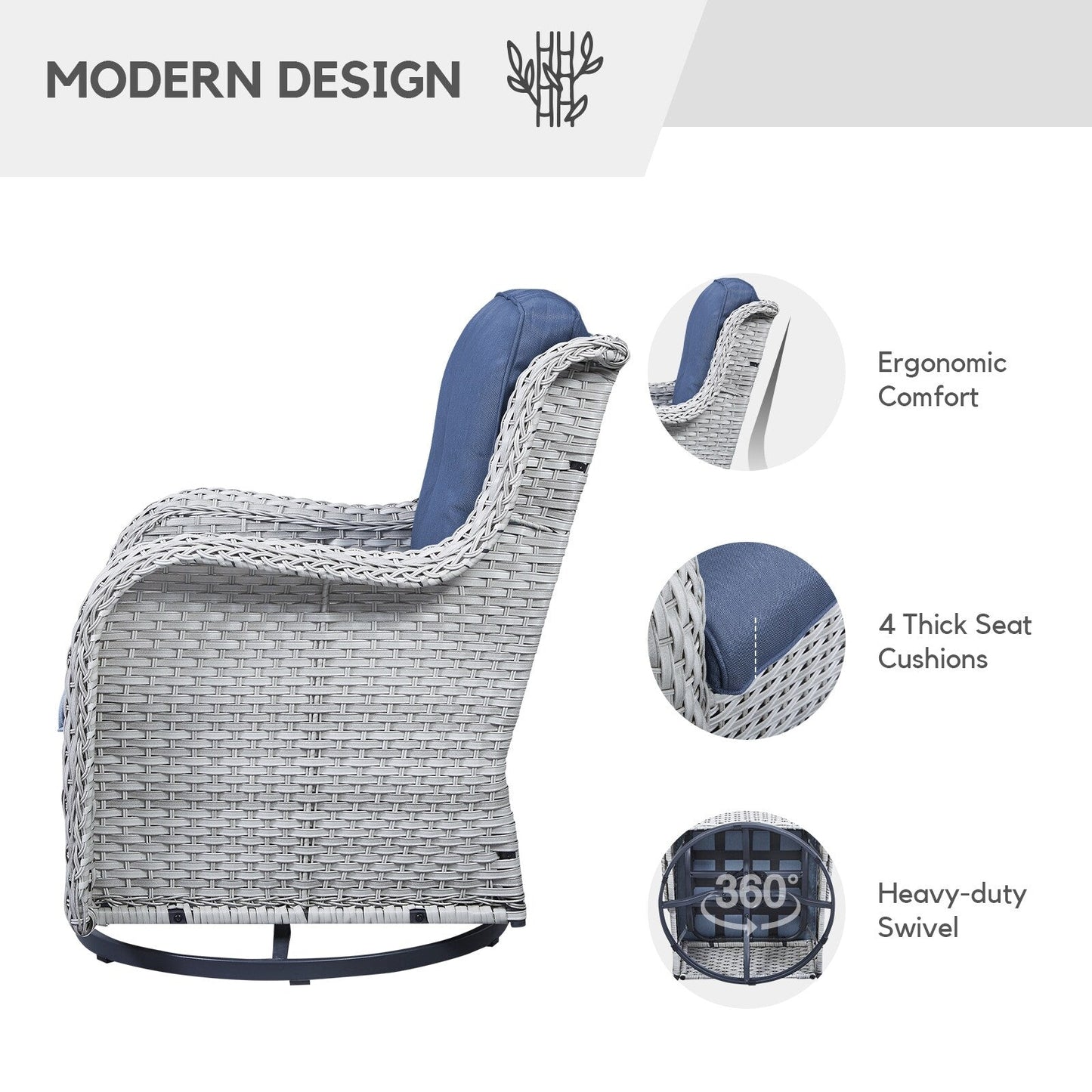 Gymojoy Fauteuil à bascule pivotant d'extérieur en résine tressée 3 pièces avec coussin et table