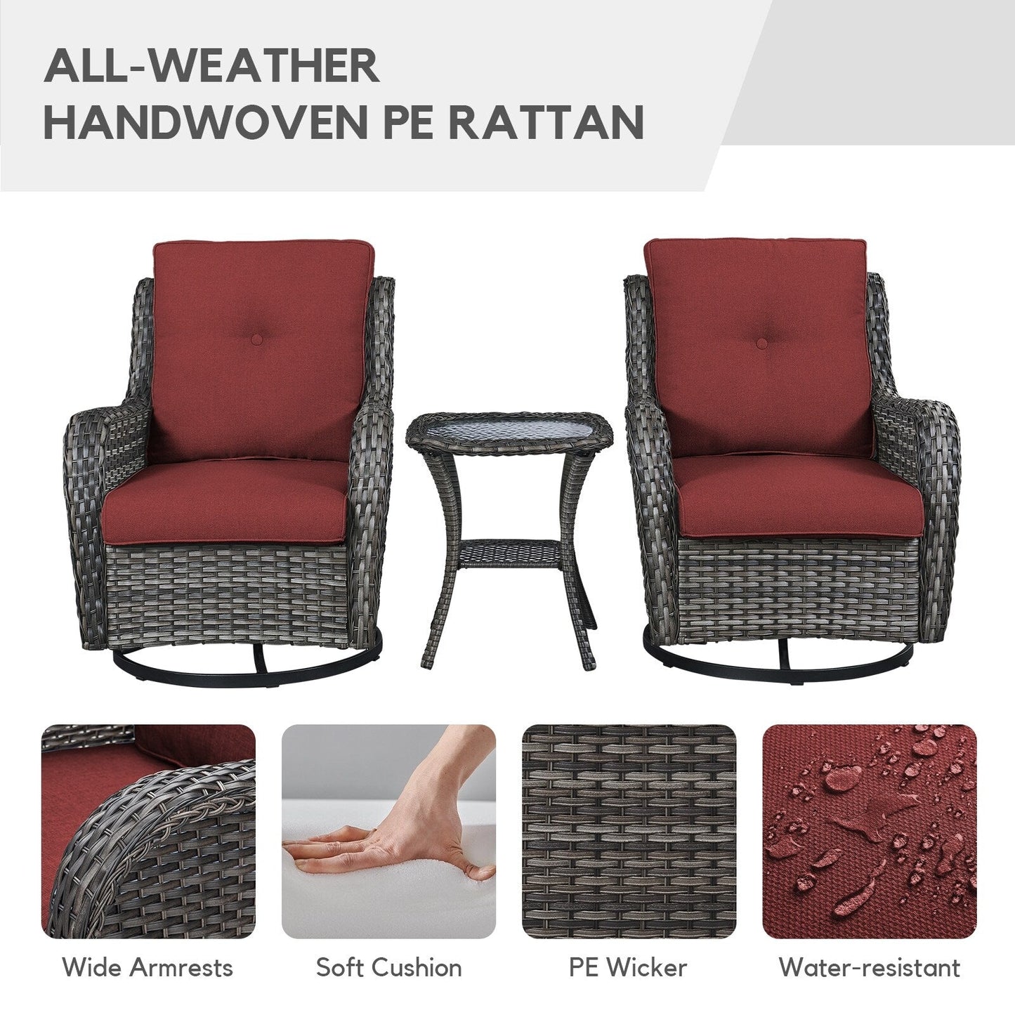 Gymojoy Fauteuil à bascule pivotant d'extérieur en résine tressée 3 pièces avec coussin et table