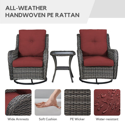 Gymojoy Fauteuil à bascule pivotant d'extérieur en résine tressée 3 pièces avec coussin et table