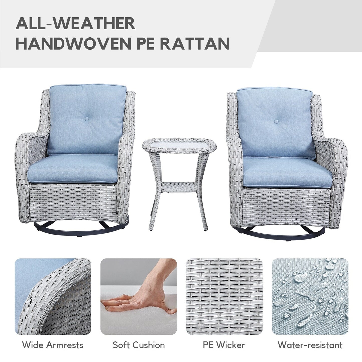 Gymojoy Fauteuil à bascule pivotant d'extérieur en résine tressée 3 pièces avec coussin et table