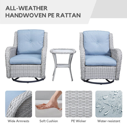 Gymojoy Fauteuil à bascule pivotant d'extérieur en résine tressée 3 pièces avec coussin et table