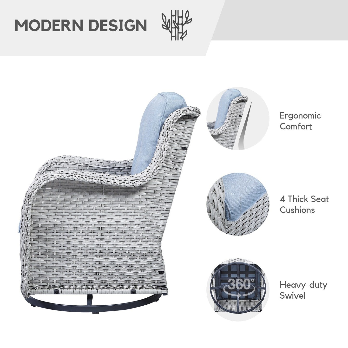 Gymojoy Fauteuil à bascule pivotant d'extérieur en résine tressée 3 pièces avec coussin et table