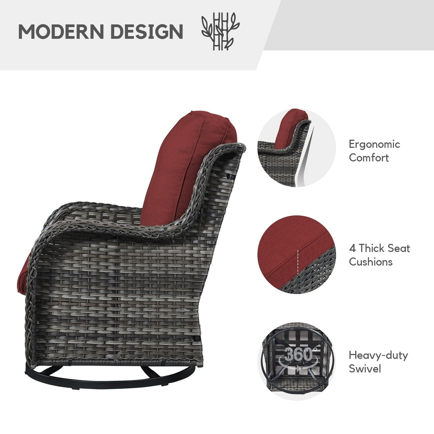 Gymojoy Fauteuil à bascule pivotant d'extérieur en résine tressée 3 pièces avec coussin et table