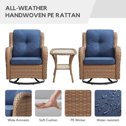 Gymojoy Fauteuil à bascule pivotant d'extérieur en résine tressée 3 pièces avec coussin et table
