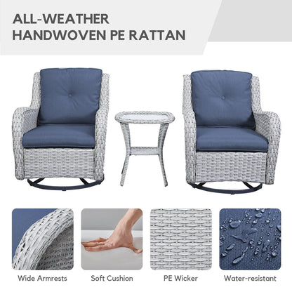 Gymojoy Fauteuil à bascule pivotant d'extérieur en résine tressée 3 pièces avec coussin et table