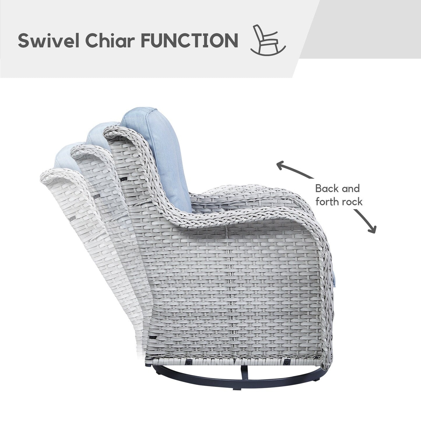 Gymojoy Fauteuil à bascule pivotant d'extérieur en résine tressée 3 pièces avec coussin et table