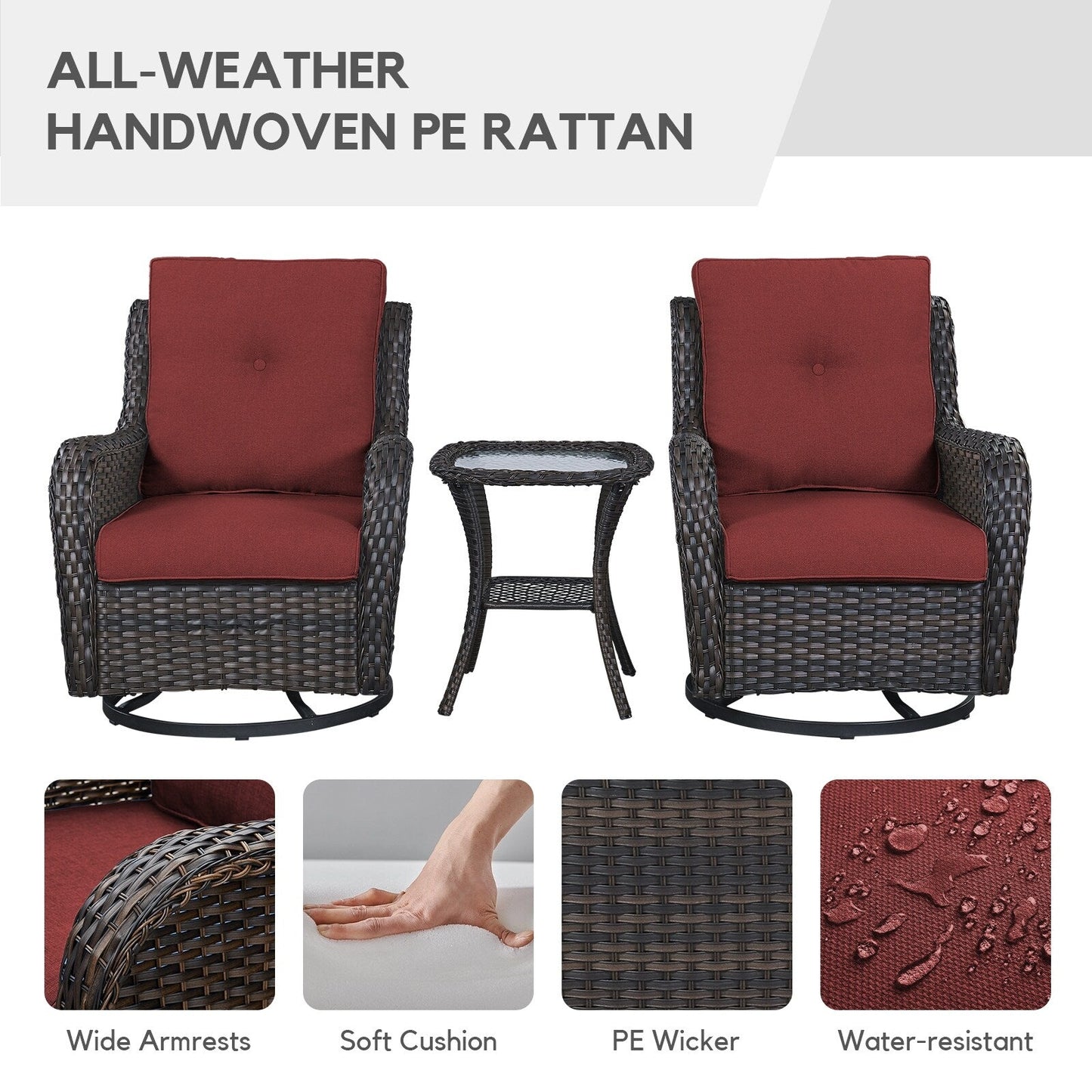 Gymojoy Fauteuil à bascule pivotant d'extérieur en résine tressée 3 pièces avec coussin et table