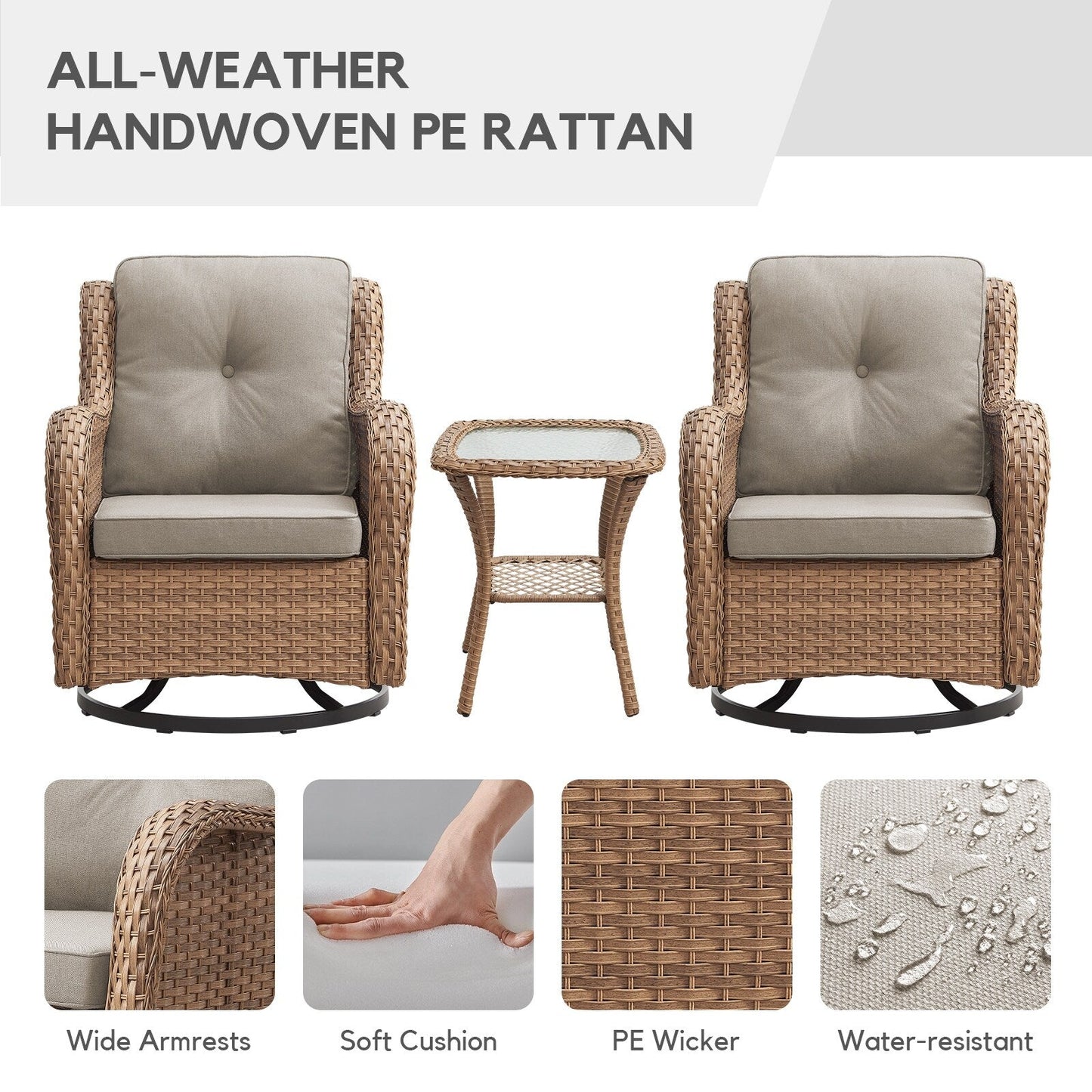 Gymojoy Fauteuil à bascule pivotant d'extérieur en résine tressée 3 pièces avec coussin et table