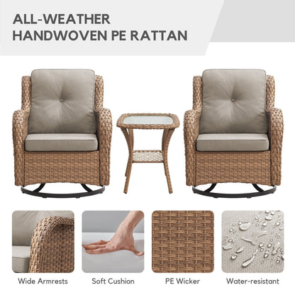 Gymojoy Fauteuil à bascule pivotant d'extérieur en résine tressée 3 pièces avec coussin et table