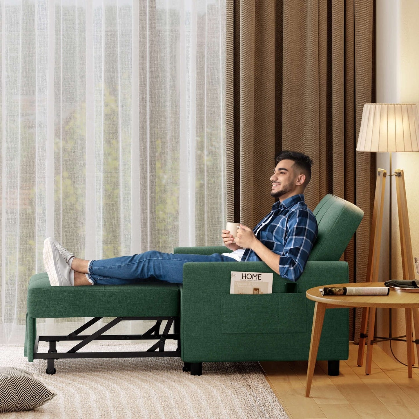 Canapé-lit convertible 3 en 1, avec fauteuil gigogne et lit pliant, idéal pour le salon.