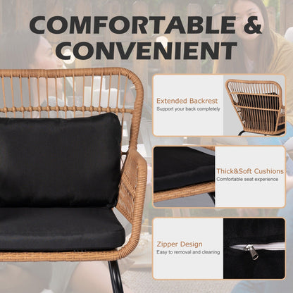 Ensemble bistro de conversation en résine tressée 3 pièces pour extérieur, mobilier de patio en rotin résistant aux intempéries avec coussins