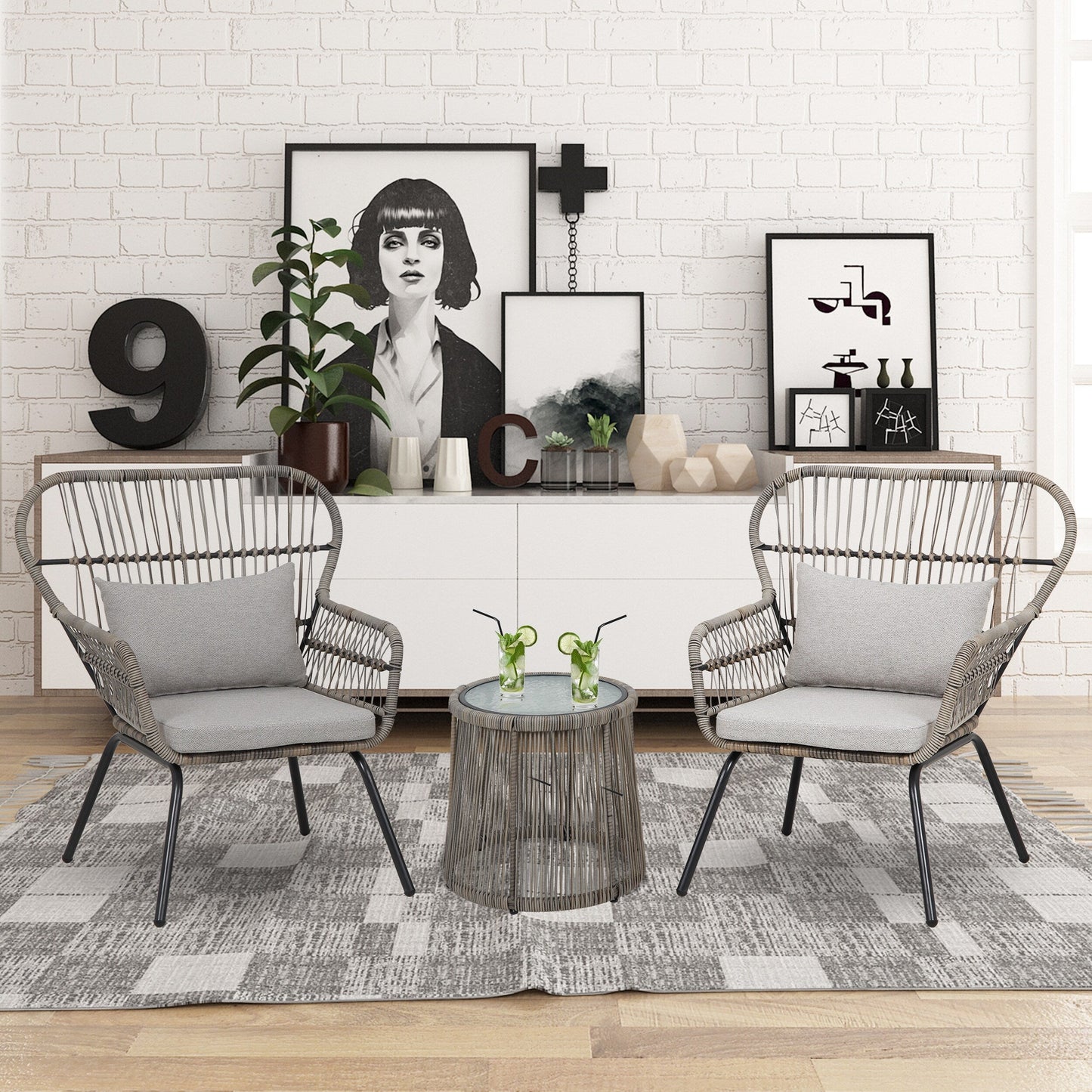 Ensemble bistro de conversation en résine tressée 3 pièces pour extérieur, mobilier de patio en rotin résistant aux intempéries avec coussins