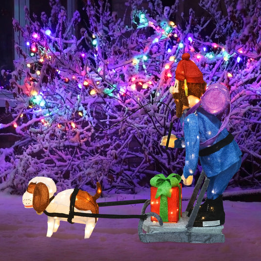 34 Rudolph, décoration de jardin 3D pré-éclairée par LED, Yukon debout et chien