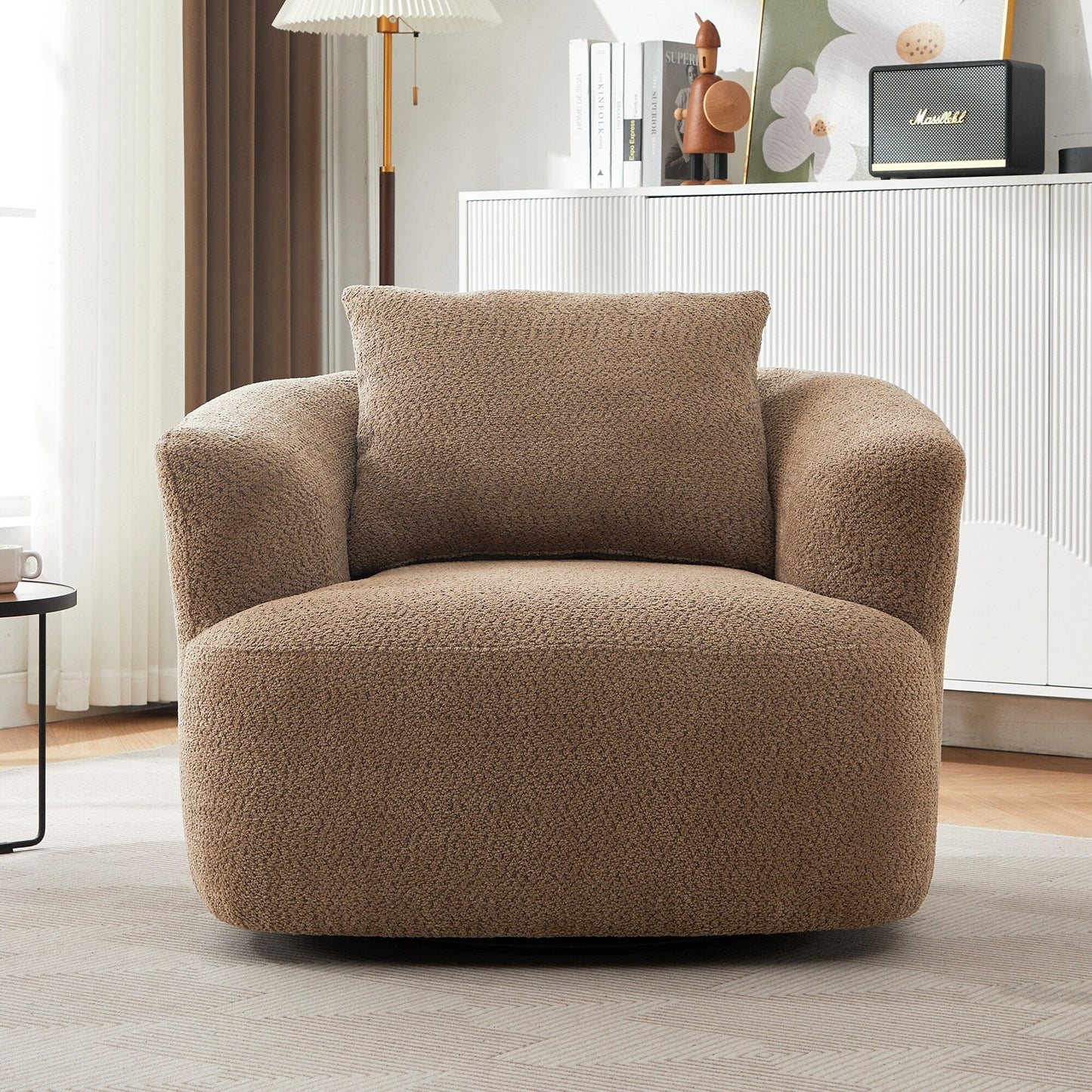 Fauteuil pivotant à 360°, fauteuil d'appoint en bouclette de 38,2 cm avec coussin décoratif, fauteuil-canapé rembourré avec accoudoirs incurvés