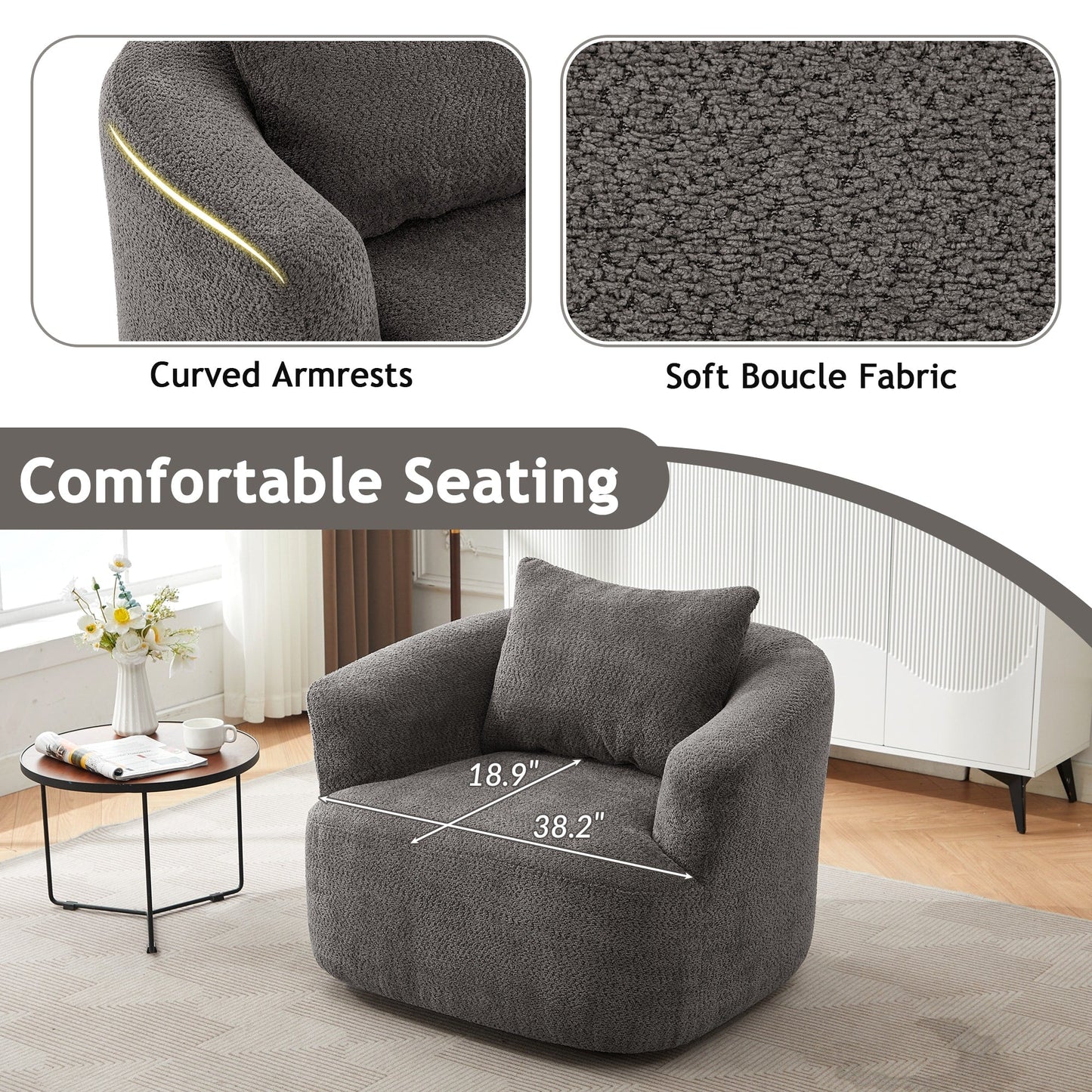 Fauteuil pivotant à 360°, fauteuil d'appoint en bouclette de 38,2 cm avec coussin décoratif, fauteuil-canapé rembourré avec accoudoirs incurvés