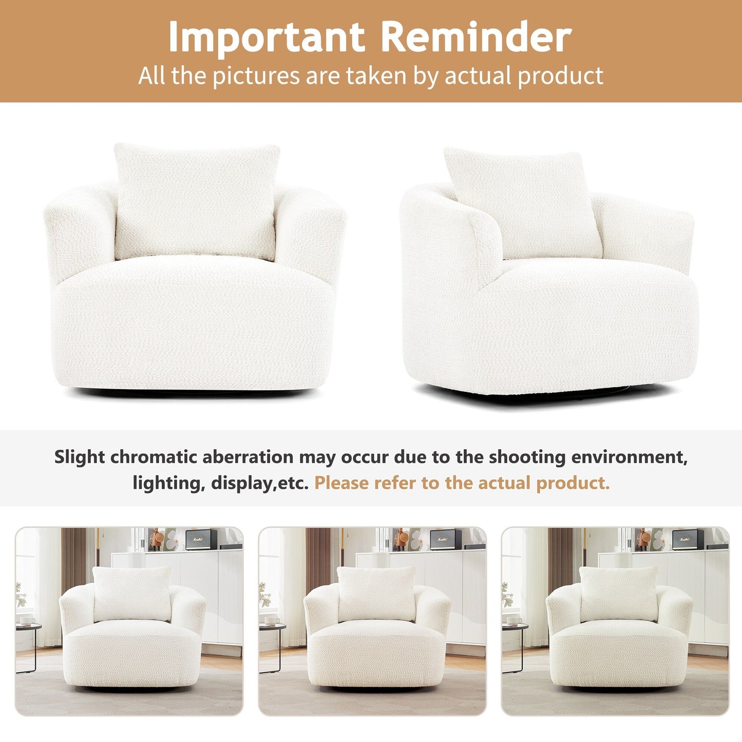 Fauteuil pivotant à 360°, fauteuil d'appoint en bouclette de 38,2 cm avec coussin décoratif, fauteuil-canapé rembourré avec accoudoirs incurvés