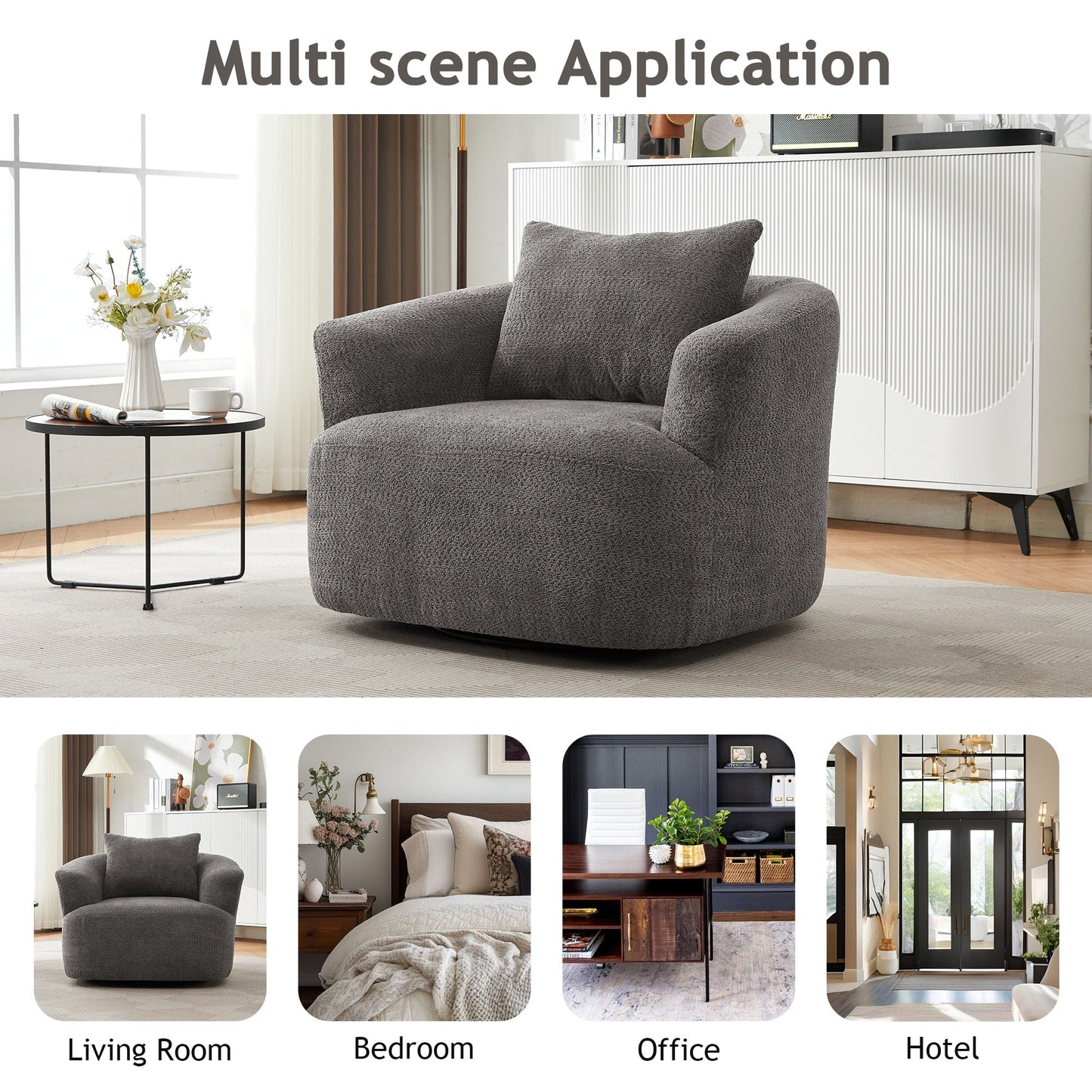 Fauteuil pivotant à 360°, fauteuil d'appoint en bouclette de 38,2 cm avec coussin décoratif, fauteuil-canapé rembourré avec accoudoirs incurvés