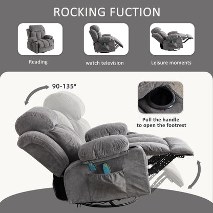 Fauteuil inclinable pivotant à 360° avec massage, chauffage, port USB et porte-gobelets
