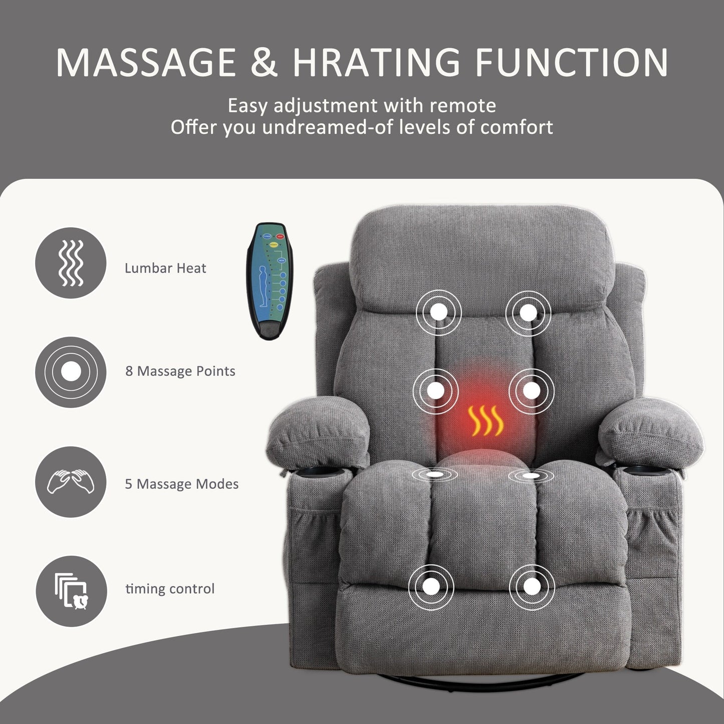 Fauteuil inclinable pivotant à 360° avec massage, chauffage, port USB et porte-gobelets