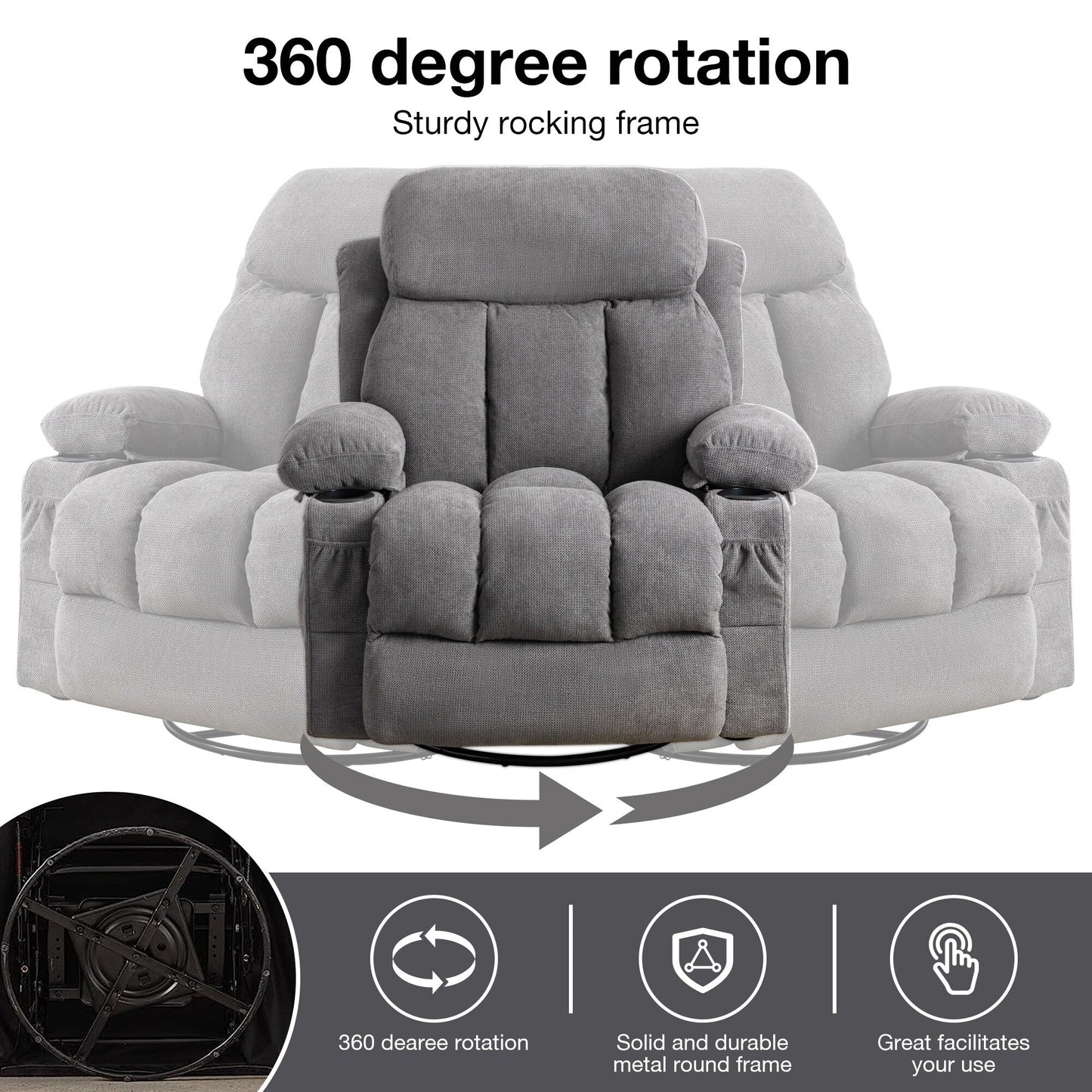 Fauteuil inclinable pivotant à 360° avec massage, chauffage, port USB et porte-gobelets