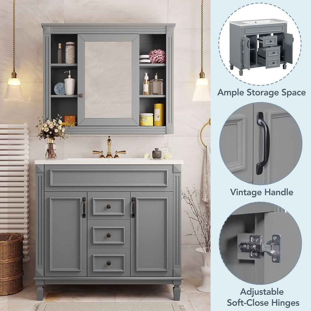 Meuble-lavabo moderne de 91 cm (36 po) avec vasque et armoire à miroir, 2 portes et 2 tiroirs