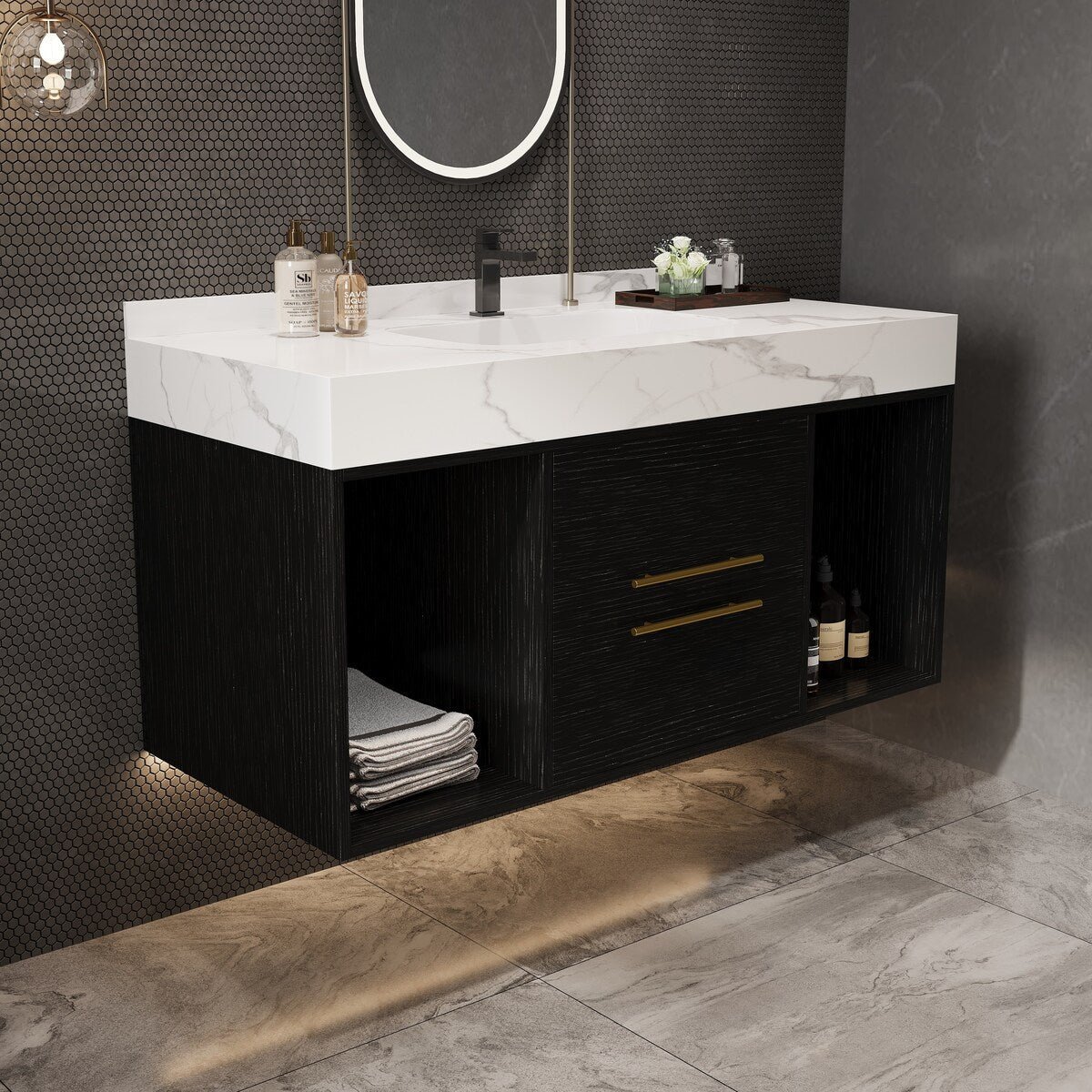 Meuble-lavabo suspendu de 100 cm (39,4 po) avec vasque en céramique, 2 tiroirs à fermeture amortie et plateau en ardoise blanche - 100 x 58 cm (39 x 18,9 po)