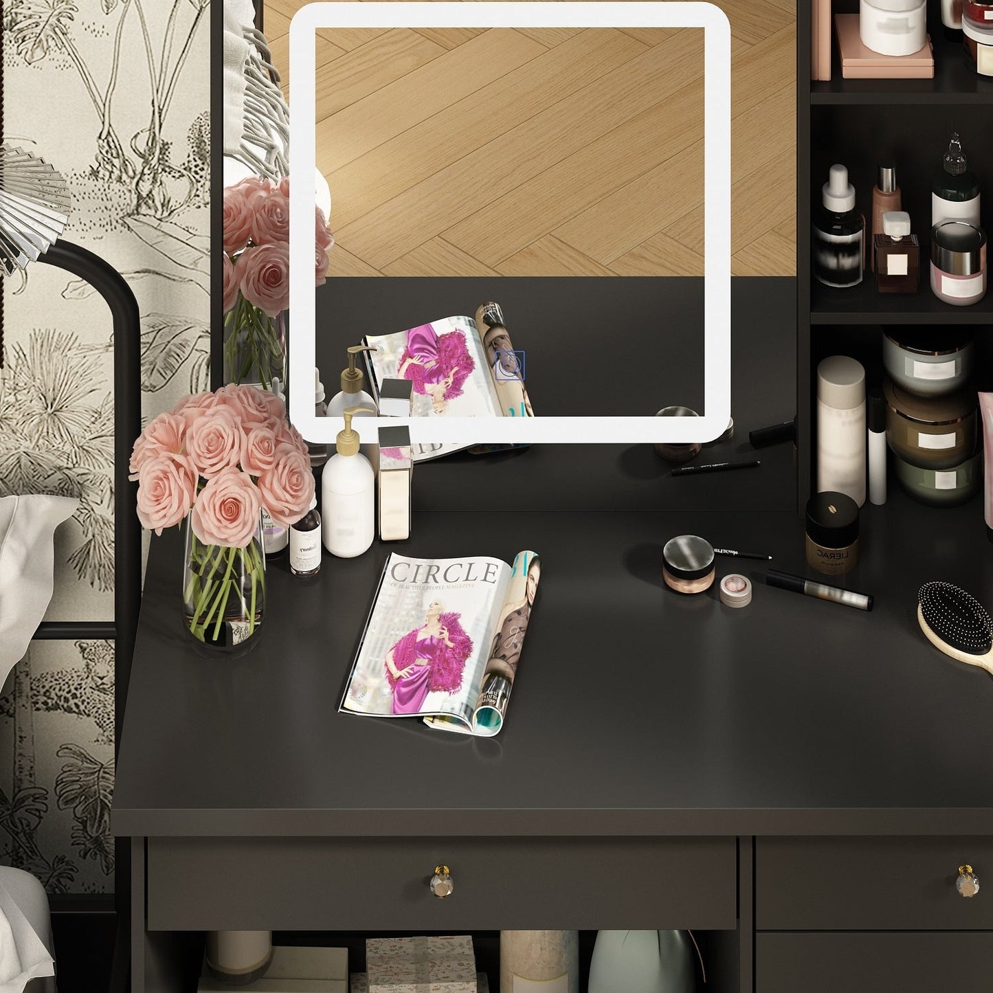 Ensemble coiffeuse de 100 cm de large avec tabouret et miroir.