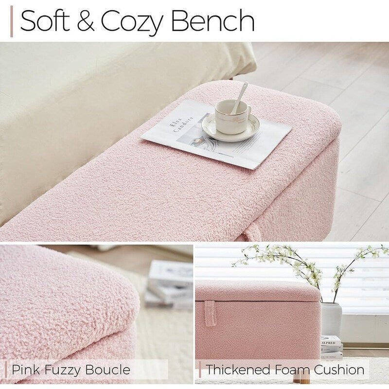 Pouf de rangement en boucle blanche cassée (39,5 cm), pouf de rangement en sherpa, repose-pieds de lit pour salon ou chambre, pieds en bois.