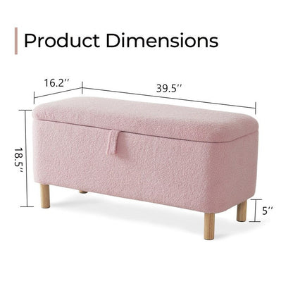 Pouf de rangement en boucle blanche cassée (39,5 cm), pouf de rangement en sherpa, repose-pieds de lit pour salon ou chambre, pieds en bois.