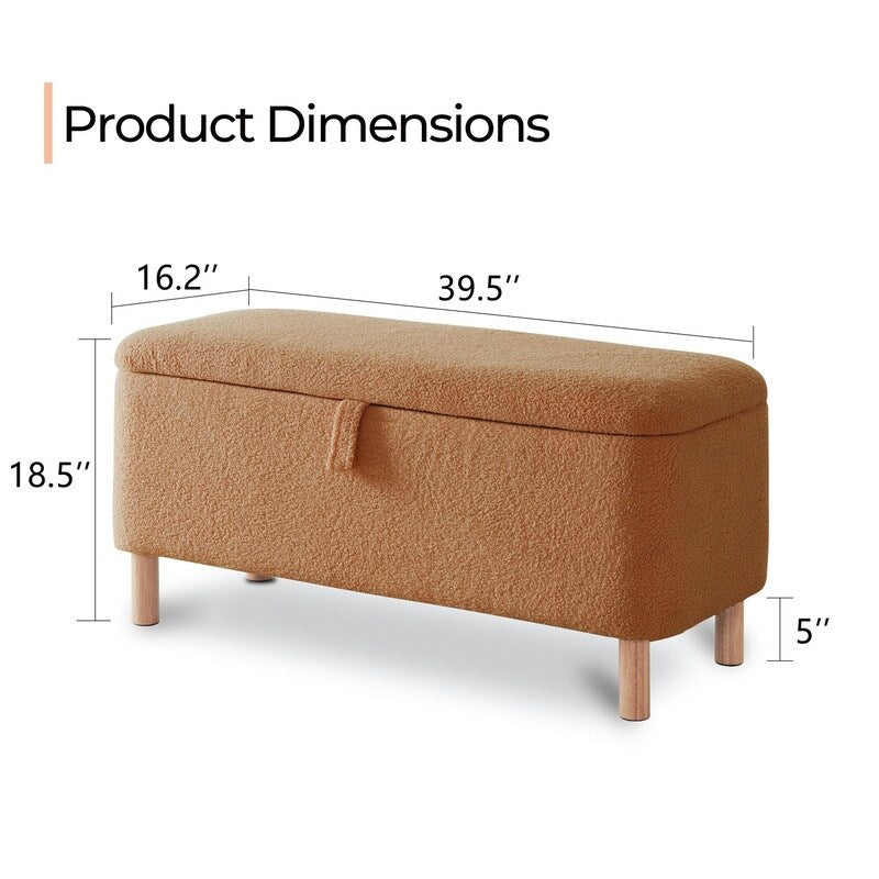 Pouf de rangement en boucle blanche cassée (39,5 cm), pouf de rangement en sherpa, repose-pieds de lit pour salon ou chambre, pieds en bois.