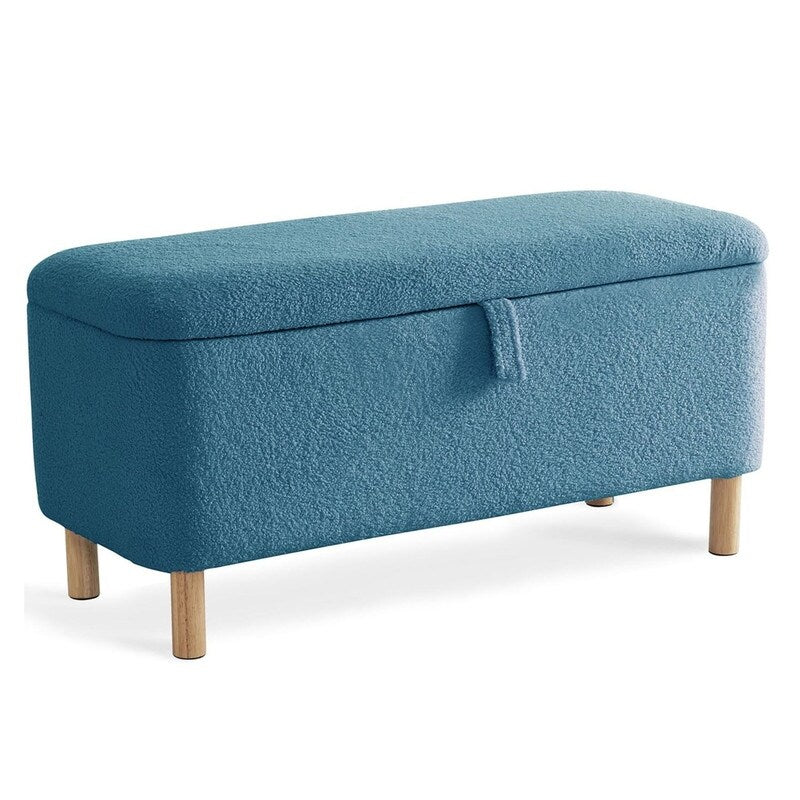 Pouf de rangement en boucle blanche cassée (39,5 cm), pouf de rangement en sherpa, repose-pieds de lit pour salon ou chambre, pieds en bois.