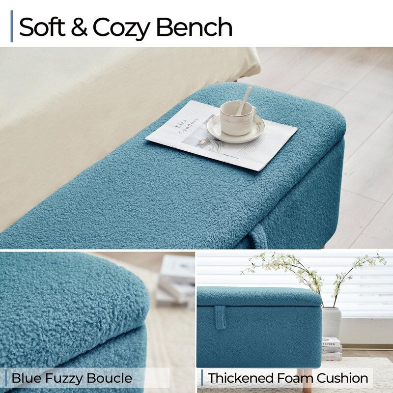 Pouf de rangement en boucle blanche cassée (39,5 cm), pouf de rangement en sherpa, repose-pieds de lit pour salon ou chambre, pieds en bois.