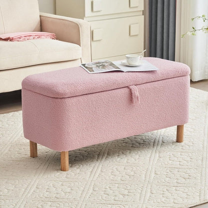 Pouf de rangement en boucle blanche cassée (39,5 cm), pouf de rangement en sherpa, repose-pieds de lit pour salon ou chambre, pieds en bois.