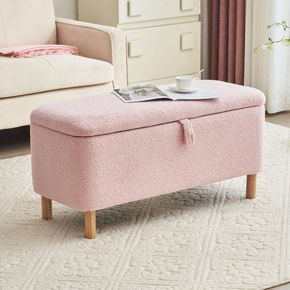 Pouf de rangement en boucle blanche cassée (39,5 cm), pouf de rangement en sherpa, repose-pieds de lit pour salon ou chambre, pieds en bois.