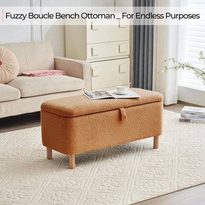 Pouf de rangement en boucle blanche cassée (39,5 cm), pouf de rangement en sherpa, repose-pieds de lit pour salon ou chambre, pieds en bois.