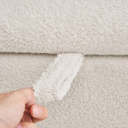 Pouf de rangement en boucle blanche cassée (39,5 cm), pouf de rangement en sherpa, repose-pieds de lit pour salon ou chambre, pieds en bois.