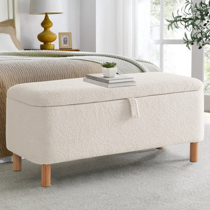 Pouf de rangement en boucle blanche cassée (39,5 cm), pouf de rangement en sherpa, repose-pieds de lit pour salon ou chambre, pieds en bois.
