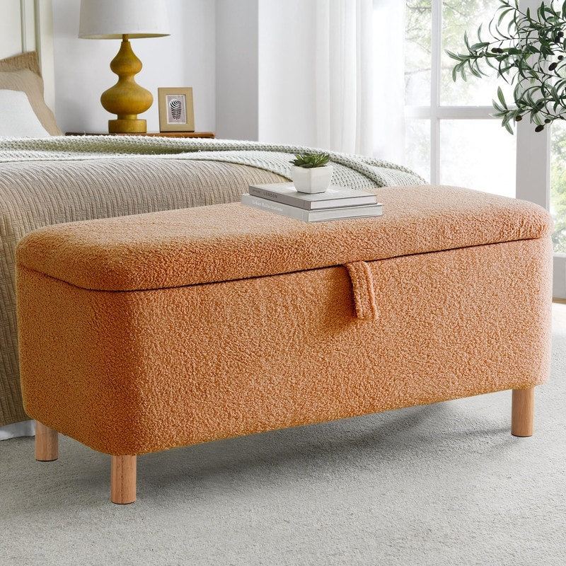 Pouf de rangement en boucle blanche cassée (39,5 cm), pouf de rangement en sherpa, repose-pieds de lit pour salon ou chambre, pieds en bois.
