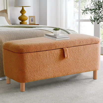 Pouf de rangement en boucle blanche cassée (39,5 cm), pouf de rangement en sherpa, repose-pieds de lit pour salon ou chambre, pieds en bois.
