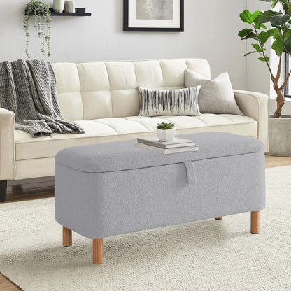 Pouf de rangement en boucle blanche cassée (39,5 cm), pouf de rangement en sherpa, repose-pieds de lit pour salon ou chambre, pieds en bois.
