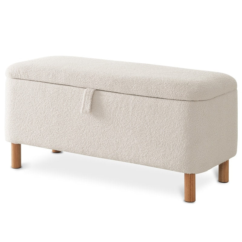 Pouf de rangement en boucle blanche cassée (39,5 cm), pouf de rangement en sherpa, repose-pieds de lit pour salon ou chambre, pieds en bois.
