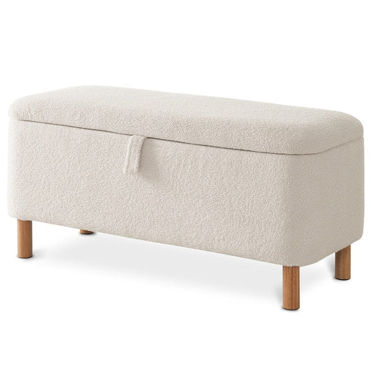 Pouf de rangement en boucle blanche cassée (39,5 cm), pouf de rangement en sherpa, repose-pieds de lit pour salon ou chambre, pieds en bois.