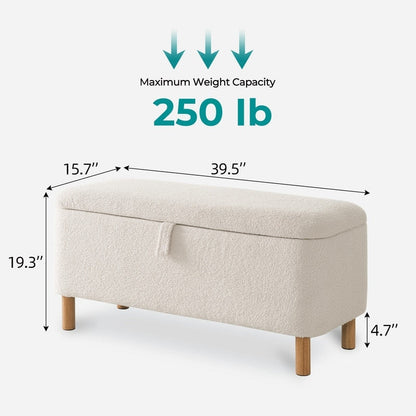 Pouf de rangement en boucle blanche cassée (39,5 cm), pouf de rangement en sherpa, repose-pieds de lit pour salon ou chambre, pieds en bois.