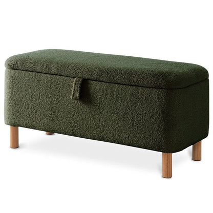 Pouf de rangement en boucle blanche cassée (39,5 cm), pouf de rangement en sherpa, repose-pieds de lit pour salon ou chambre, pieds en bois.