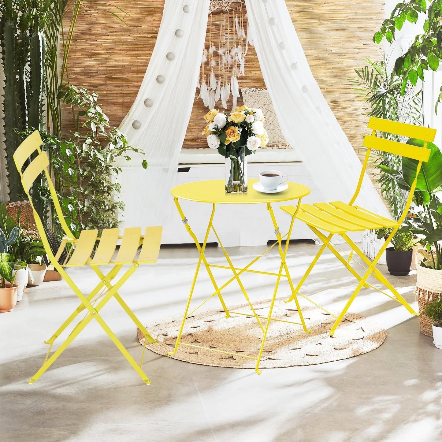 Ensemble bistro pliable en métal 3 pièces, résistant aux intempéries, idéal pour l'intérieur et l'extérieur, avec terrasse, jardin ou cour.