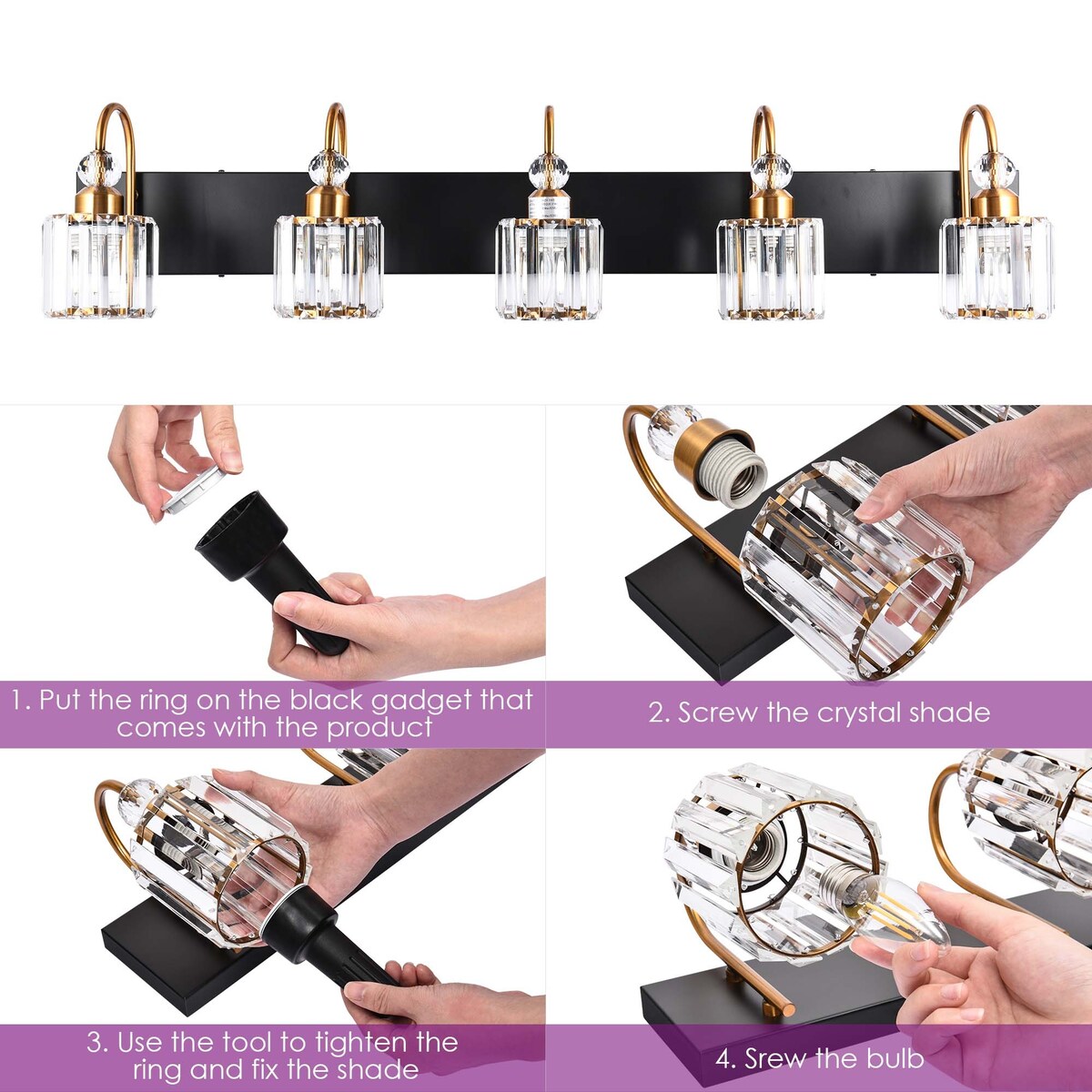 Applique murale moderne chromée/noire/dorée au-dessus d'un miroir, en cristal, pour salle de bain et toilettes.