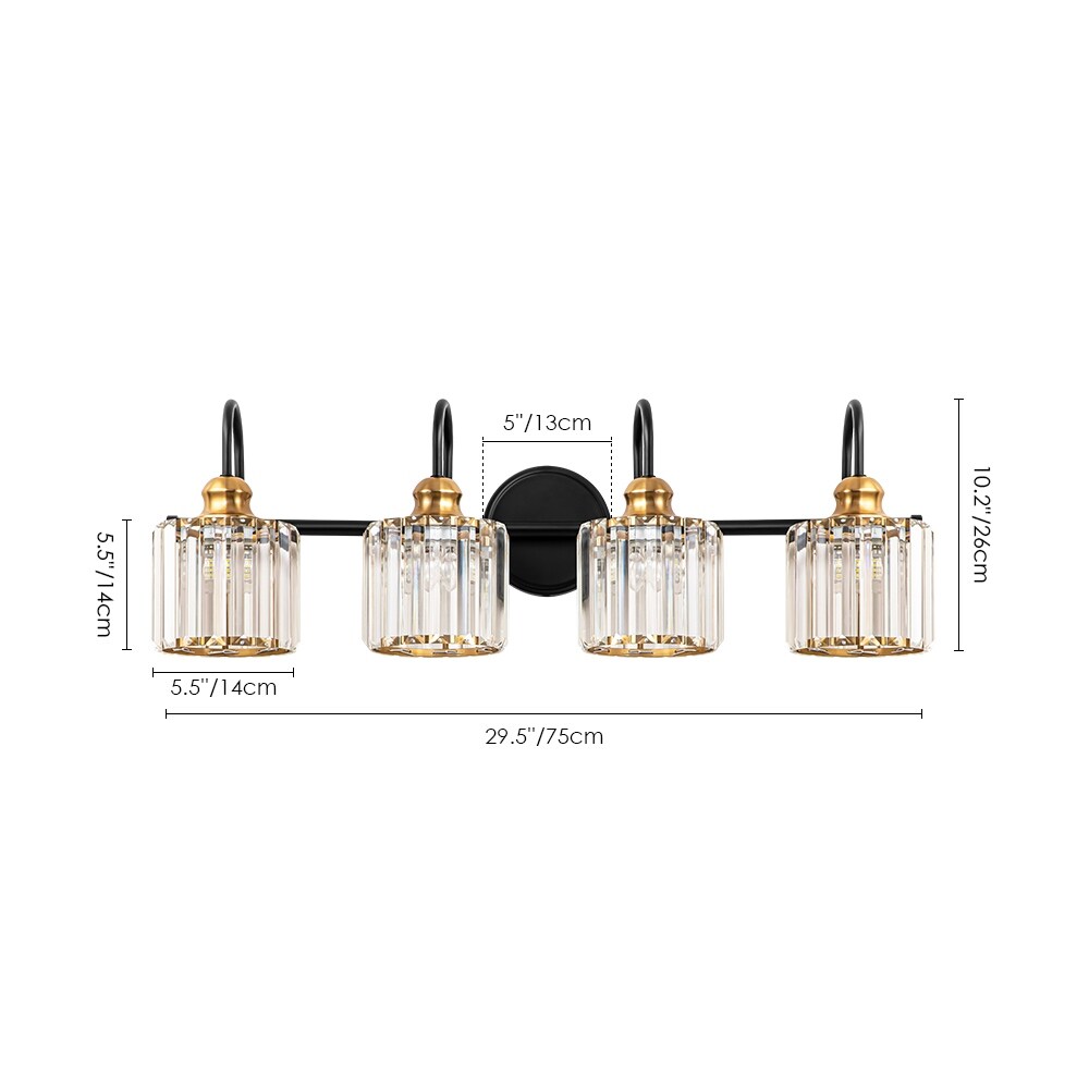 Applique murale moderne chromée/noire/dorée au-dessus d'un miroir, en cristal, pour salle de bain et toilettes.