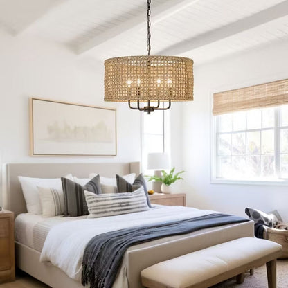 Lustre tambour bohème à 4 lumières, tissé à la main - Paille - 51 cm de diamètre