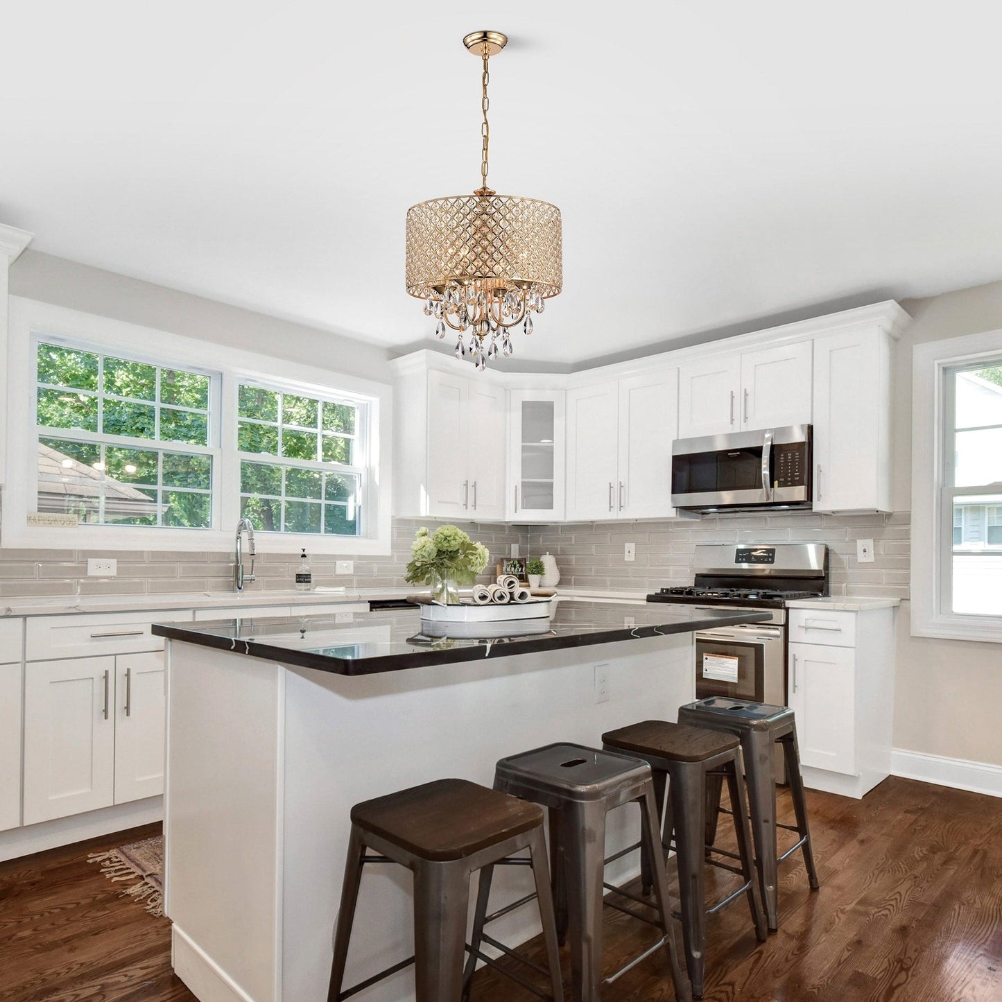 Lustre tambour rond à perles avec cristaux suspendus